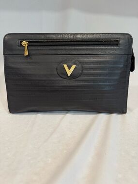 Authentic Vintage Valentino Black Leather Toiletry Bag with Gold V Accent